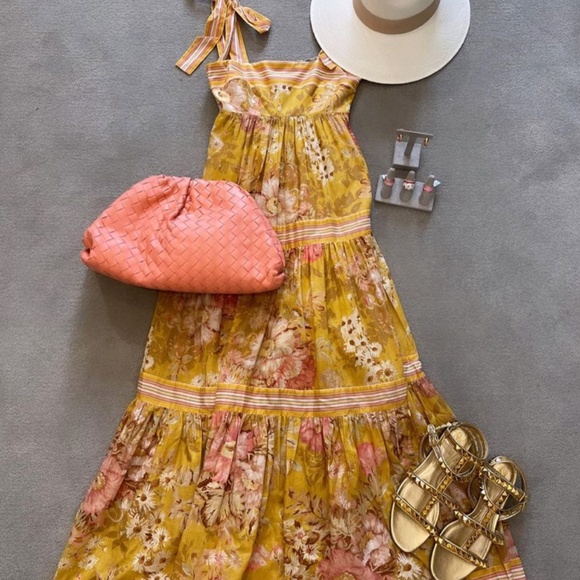 Zimmermann Pattie Mustard Floral Tie Strap Shoulder Tiered Midi Dress Size - Picture 3 of 9